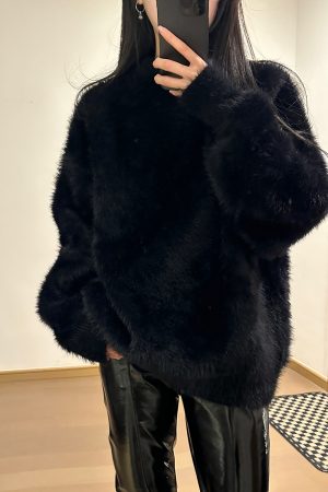 Black Faux Mink Fur Sweater - Luxurious Plush Knitted Pullover Top for Cozy Lazy Style Fashion