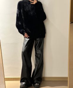 Black Faux Mink Fur Sweater - Luxurious Plush Knitted Pullover Top for Cozy Lazy Style Fashion