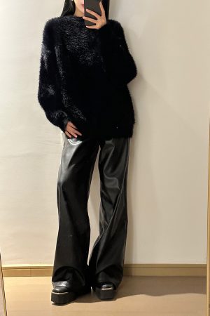 Black Faux Mink Fur Sweater - Luxurious Plush Knitted Pullover Top for Cozy Lazy Style Fashion