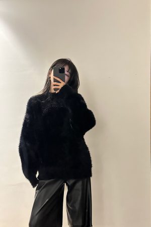 Black Faux Mink Fur Sweater - Luxurious Plush Knitted Pullover Top for Cozy Lazy Style Fashion