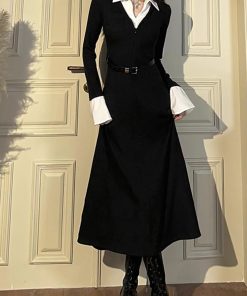 Black Faux Two-Piece Knitted Dress for Women, Long Sleeve A-Line Skirt, Autumn 2025 Trend, Chic Niche Style