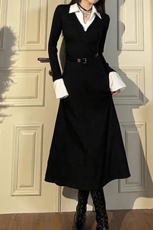 Black Faux Two-Piece Knitted Dress for Women, Long Sleeve A-Line Skirt, Autumn 2025 Trend, Chic Niche Style