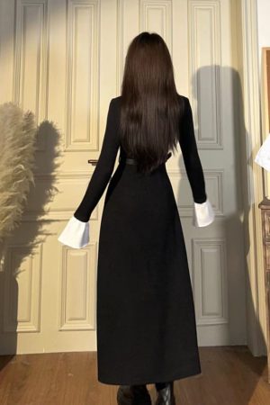 Black Faux Two-Piece Knitted Dress for Women, Long Sleeve A-Line Skirt, Autumn 2025 Trend, Chic Niche Style