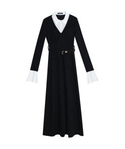 Black Faux Two-Piece Knitted Dress for Women, Long Sleeve A-Line Skirt, Autumn 2025 Trend, Chic Niche Style