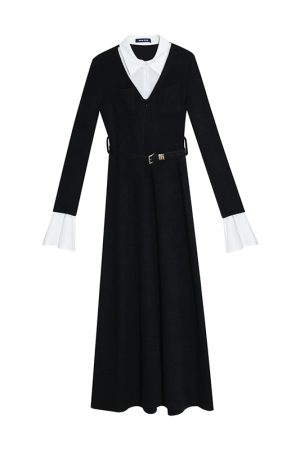 Black Faux Two-Piece Knitted Dress for Women, Long Sleeve A-Line Skirt, Autumn 2025 Trend, Chic Niche Style
