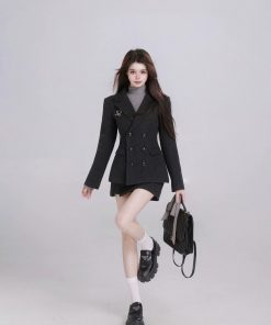 Black Fitted Waist Wool Suit Jacket and Skirt Set for Women, High-End Winter Fashion, Classic Tailored Look