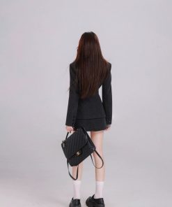 Black Fitted Waist Wool Suit Jacket and Skirt Set for Women, High-End Winter Fashion, Classic Tailored Look