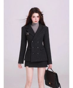Black Fitted Waist Wool Suit Jacket and Skirt Set for Women, High-End Winter Fashion, Classic Tailored Look