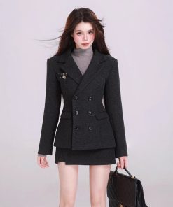Black Fitted Waist Wool Suit Jacket and Skirt Set for Women, High-End Winter Fashion, Classic Tailored Look