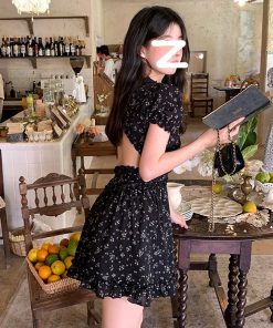 Black Floral A-Line Dress for Women - Vintage Inspired, Waist-Cinching, Backless, Elegant Summer Style, Sweet and Spicy Vibes