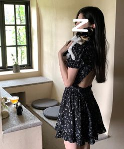 Black Floral A-Line Dress for Women - Vintage Inspired, Waist-Cinching, Backless, Elegant Summer Style, Sweet and Spicy Vibes