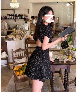 Black Floral A-Line Dress for Women - Vintage Inspired, Waist-Cinching, Backless, Elegant Summer Style, Sweet and Spicy Vibes