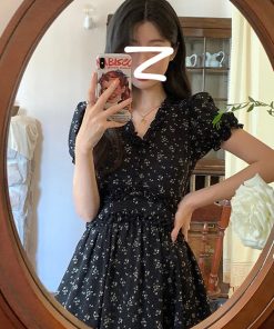 Black Floral A-Line Dress for Women - Vintage Inspired, Waist-Cinching, Backless, Elegant Summer Style, Sweet and Spicy Vibes