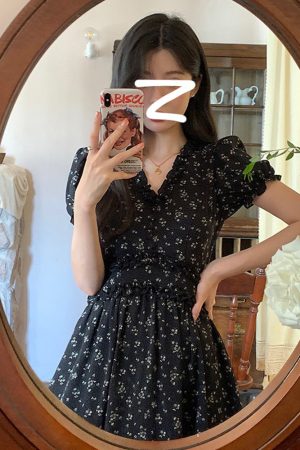 Black Floral A-Line Dress for Women - Vintage Inspired, Waist-Cinching, Backless, Elegant Summer Style, Sweet and Spicy Vibes