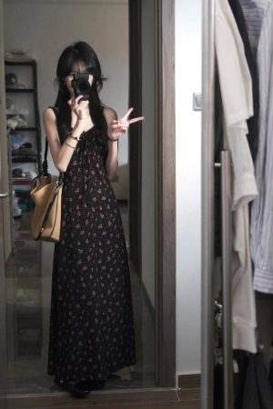 Black Floral Halter Neck Dress for Women - French Style, Waist-Cinching, Elegant Long Summer Dress, Perfect for Tea Breaks and Special Occasions