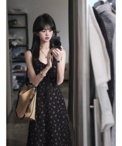 Black Floral Halter Neck Dress for Women - French Style, Waist-Cinching, Elegant Long Summer Dress, Perfect for Tea Breaks and Special Occasions