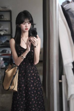Black Floral Halter Neck Dress for Women - French Style, Waist-Cinching, Elegant Long Summer Dress, Perfect for Tea Breaks and Special Occasions