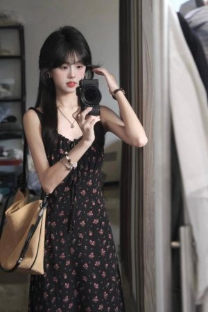 Black Floral Halter Neck Dress for Women - French Style, Waist-Cinching, Elegant Long Summer Dress, Perfect for Tea Breaks and Special Occasions