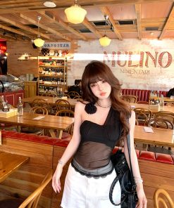 Black Floral Lace Camisole for Women - Sexy Sheer Slim Fit Summer Top - Y2K Inspired Hot Girl Style