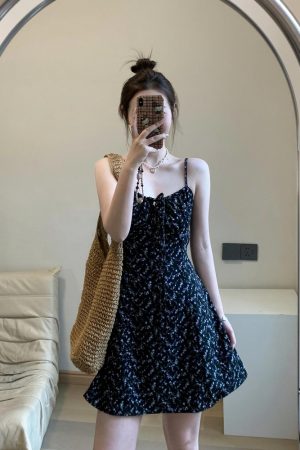 Black Floral Spaghetti Strap Dress for Women - Fitted Slimming Design, Short Skirt, French Vintage Summer Style