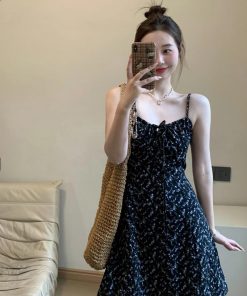 Black Floral Spaghetti Strap Dress for Women - Fitted Slimming Design, Short Skirt, French Vintage Summer Style
