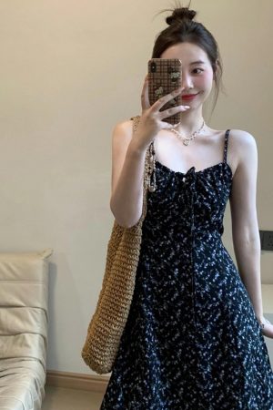 Black Floral Spaghetti Strap Dress for Women - Fitted Slimming Design, Short Skirt, French Vintage Summer Style