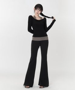 Black Frayed Casual Knitted Flared Pants for Women - Autumn Versatile Slim Long Trousers, Y2K Style, Trendy Fashion Essentials