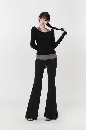 Black Frayed Casual Knitted Flared Pants for Women - Autumn Versatile Slim Long Trousers, Y2K Style, Trendy Fashion Essentials