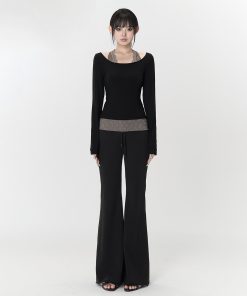 Black Frayed Casual Knitted Flared Pants for Women - Autumn Versatile Slim Long Trousers, Y2K Style, Trendy Fashion Essentials