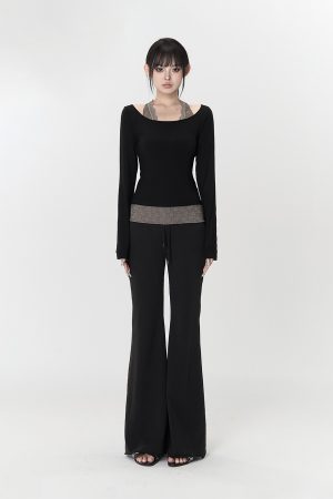 Black Frayed Casual Knitted Flared Pants for Women - Autumn Versatile Slim Long Trousers, Y2K Style, Trendy Fashion Essentials