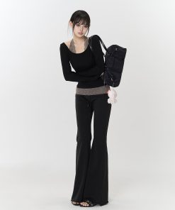 Black Frayed Casual Knitted Flared Pants for Women - Autumn Versatile Slim Long Trousers, Y2K Style, Trendy Fashion Essentials