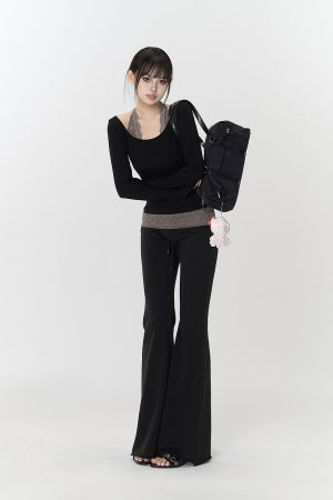 Black Frayed Casual Knitted Flared Pants for Women - Autumn Versatile Slim Long Trousers, Y2K Style, Trendy Fashion Essentials