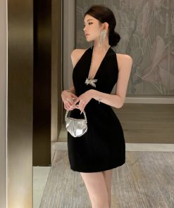 Black French-Style Short Evening Dress for Women, Deep V-Neck Backless Halter Neck, Elegant and Sensual Design, Perfect for Parties