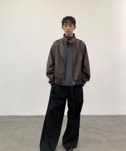 Black Harrington Jacket for Men - Autumn Winter PU Leather Coat in Stylish 90s Vintage Design