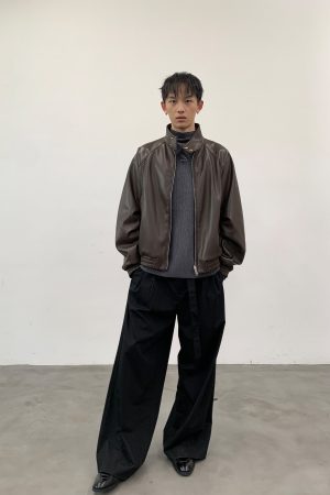Black Harrington Jacket for Men - Autumn Winter PU Leather Coat in Stylish 90s Vintage Design