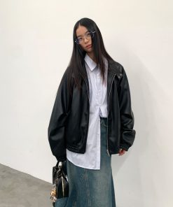 Black Harrington Jacket for Men - Autumn Winter PU Leather Coat in Stylish 90s Vintage Design