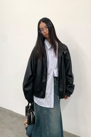 Black Harrington Jacket for Men - Autumn Winter PU Leather Coat in Stylish 90s Vintage Design