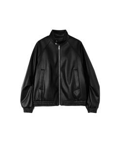 Black Harrington Jacket for Men - Autumn Winter PU Leather Coat in Stylish 90s Vintage Design