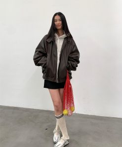 Black Harrington Jacket for Men - Autumn Winter PU Leather Coat in Stylish 90s Vintage Design