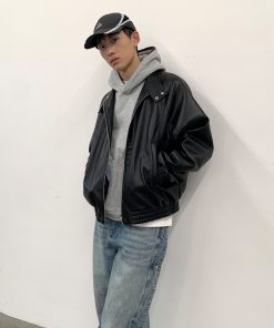 Black Harrington Jacket for Men - Autumn Winter PU Leather Coat in Stylish 90s Vintage Design