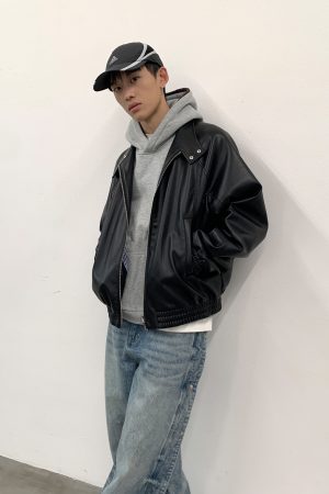Black Harrington Jacket for Men - Autumn Winter PU Leather Coat in Stylish 90s Vintage Design