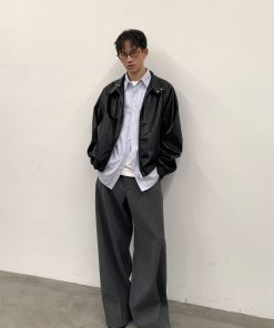 Black Harrington Jacket for Men - Autumn Winter PU Leather Coat in Stylish 90s Vintage Design