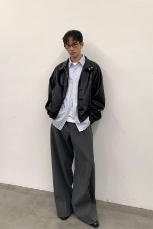 Black Harrington Jacket for Men - Autumn Winter PU Leather Coat in Stylish 90s Vintage Design