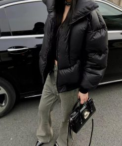 Black Heavy Duck Down Jacket with Stand Collar, Korean Style High-End Design, Armor-Inspired Bread Coat