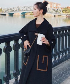 Black Hepburn-Style Wool Coat for Women - Mid-Length Thick Winter Outerwear, 2025 Autumn Collection