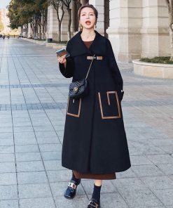 Black Hepburn-Style Wool Coat for Women - Mid-Length Thick Winter Outerwear, 2025 Autumn Collection