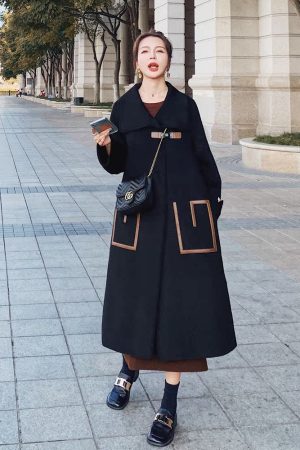Black Hepburn-Style Wool Coat for Women - Mid-Length Thick Winter Outerwear, 2025 Autumn Collection