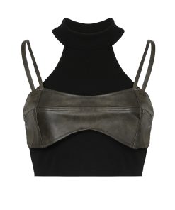 Black High Neck Fake Two-Piece Cami Vest - Summer Street Dance Slim Fit Crop Top for 2025, Urban Style, Functional Fashion