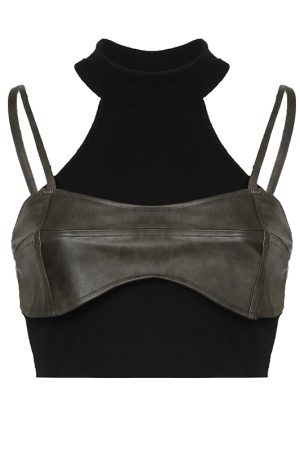 Black High Neck Fake Two-Piece Cami Vest - Summer Street Dance Slim Fit Crop Top for 2025, Urban Style, Functional Fashion