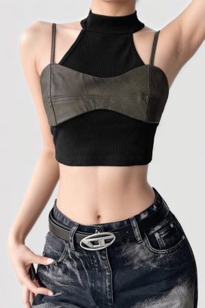 Black High Neck Fake Two-Piece Cami Vest - Summer Street Dance Slim Fit Crop Top for 2025, Urban Style, Functional Fashion